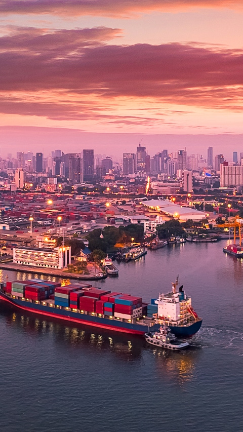 Aerial panoramic view of Logistics and transportation of Container Cargo ship and Cargo plane with working crane bridge in shipyard at sunrise, logistic import export and transport industry background; Shutterstock ID 1384502384; Jobnummer: 022102; Projekt: PrÃ¤sentationen etc; Endkunde: BASF SE, EV/K , Alex Heusener; Sonstiges: BASF SE, GBH/IM, Matthias Baque